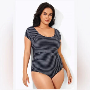 NWT Meet Curve Stripes Round Neck Women One Piece Swimsuit